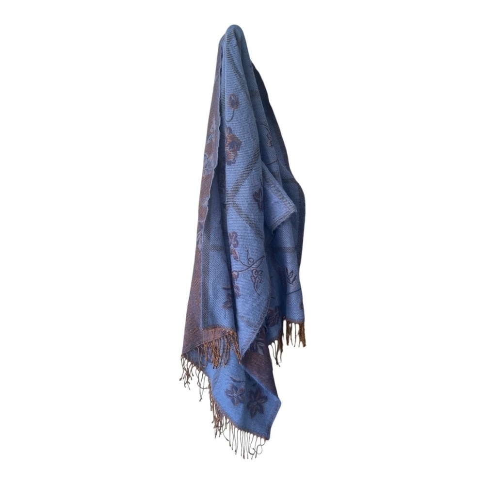 Vintage Reversible Blue and Brown Acrylic Floral Wrap - Picture 2 of 9